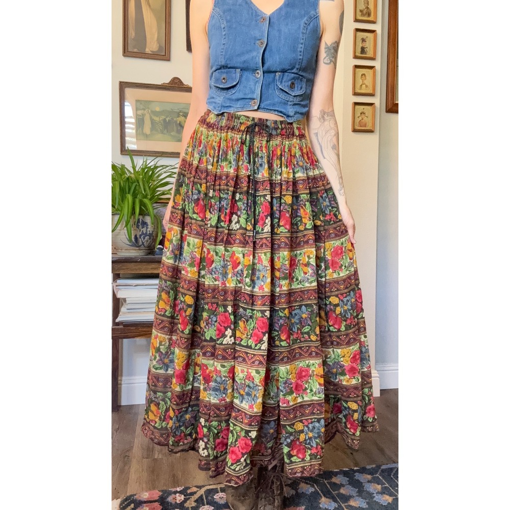 Vintage 90s Floral Fruit Tapestry Maxi full Skirt gauze cotton Boho Cottagecore